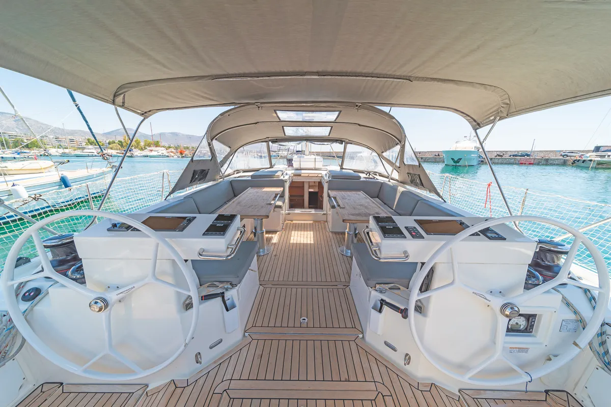 Cockpit of Seacret, a Bavaria C57 sailboat at Athens, Greece