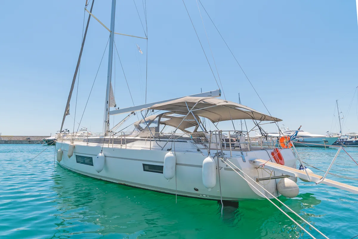Exterior view of Seacret, a Bavaria C57 sailboat at Athens, Greece