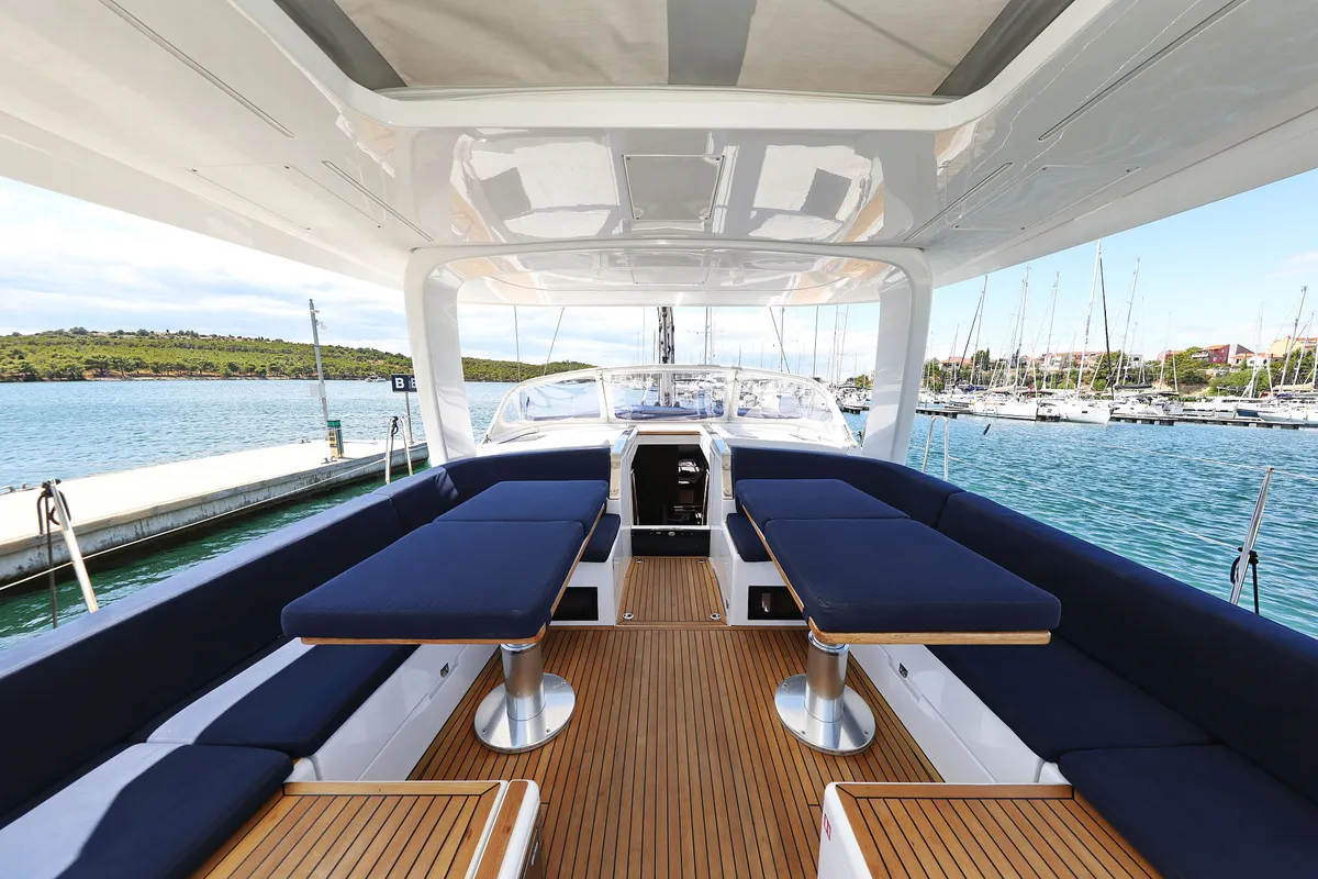Deck of Ocean Phoenix, a Hanse 510 sailboat at Grad Šibenik, Croatia