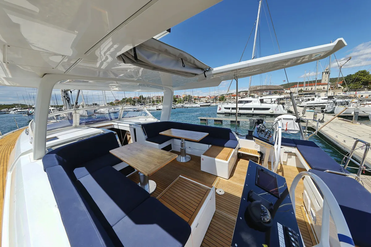 Deck of Ocean Phoenix, a Hanse 510 sailboat at Grad Šibenik, Croatia