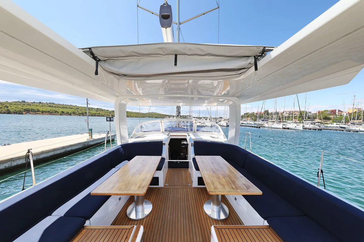 Deck of Ocean Phoenix, a Hanse 510 sailboat at Grad Šibenik, Croatia