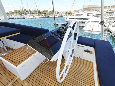 Cockpit of Ocean Phoenix, a Hanse 510 sailboat at Grad Šibenik, Croatia