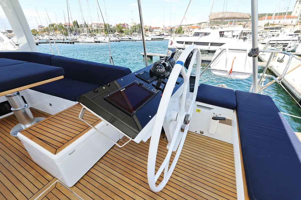 Cockpit of Ocean Phoenix, a Hanse 510 sailboat at Grad Šibenik, Croatia