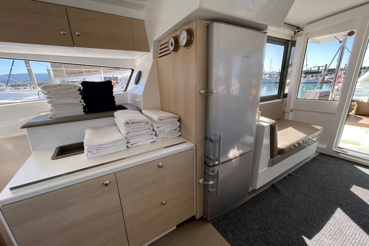 Galley of NAMASTE_DB, a Bali 4.1 catamaran at Airlie Beach, Australia