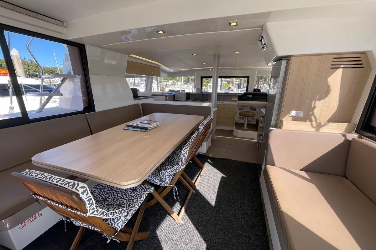 Salon of NAMASTE_DB, a Bali 4.1 catamaran at Airlie Beach, Australia