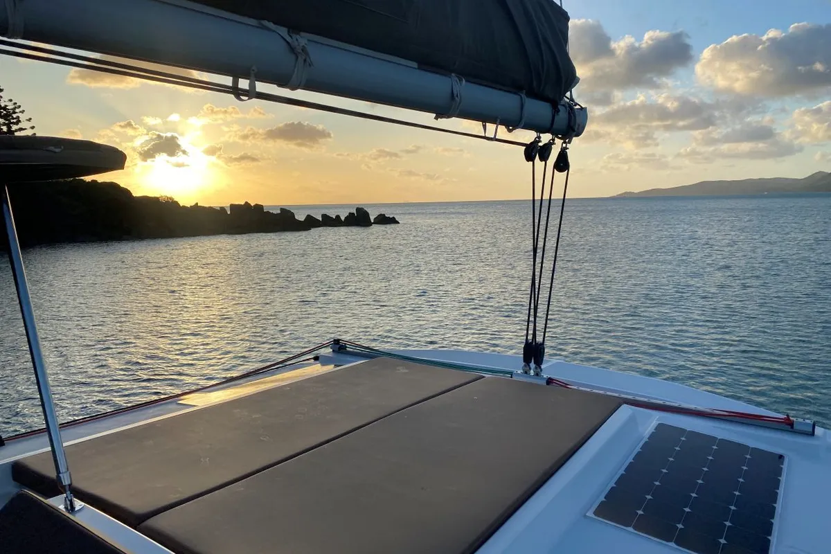 Deck of NAMASTE_DB, a Bali 4.1 catamaran at Airlie Beach, Australia