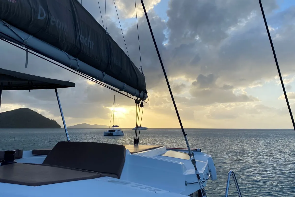 Deck of NAMASTE_DB, a Bali 4.1 catamaran at Airlie Beach, Australia