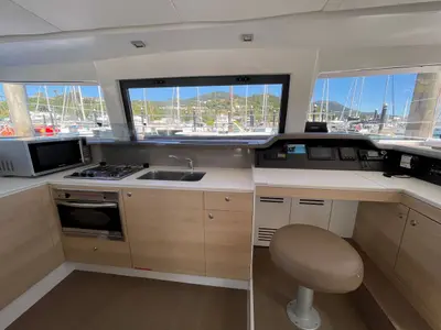 Galley of NAMASTE_DB, a Bali 4.1 catamaran at Airlie Beach, Australia