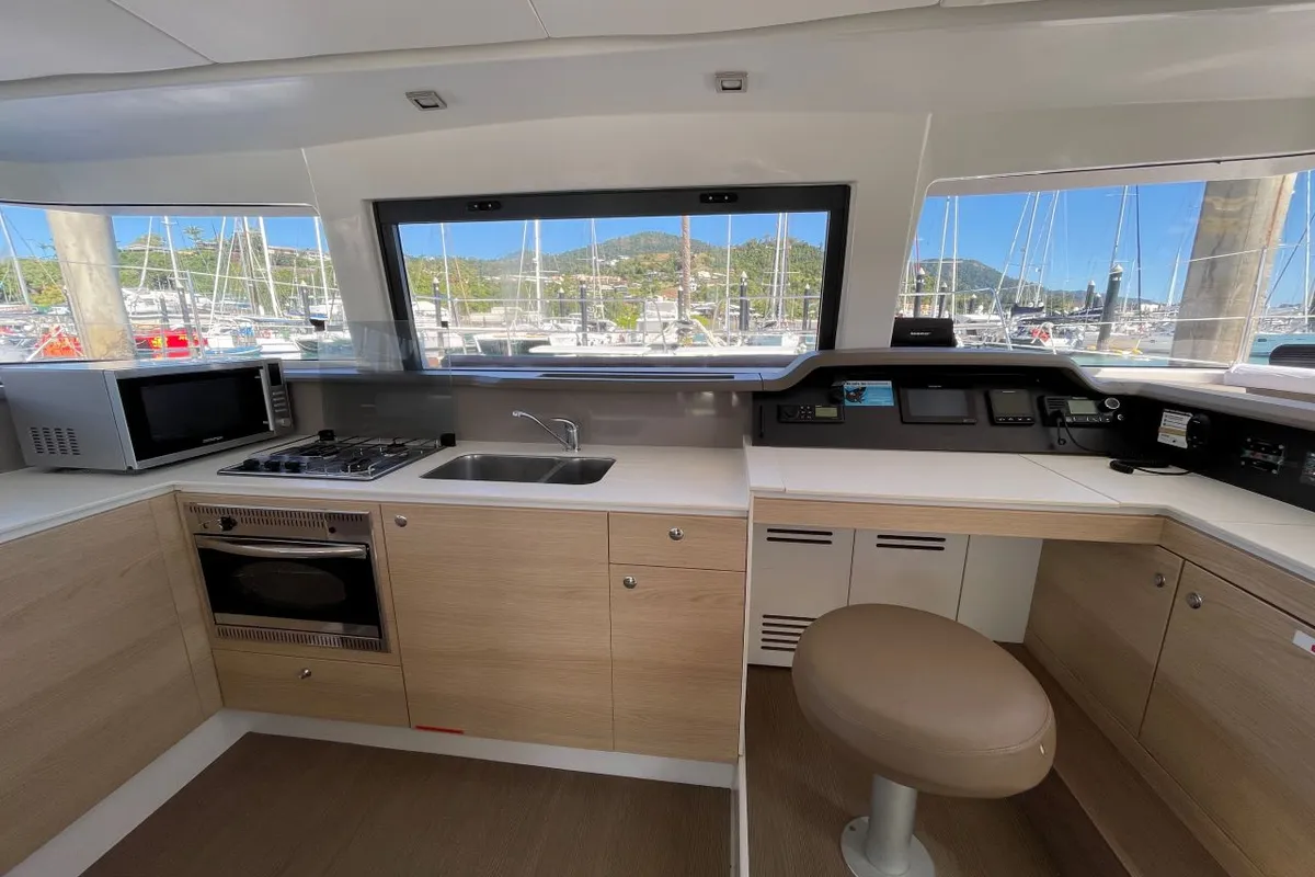 Galley of NAMASTE_DB, a Bali 4.1 catamaran at Airlie Beach, Australia