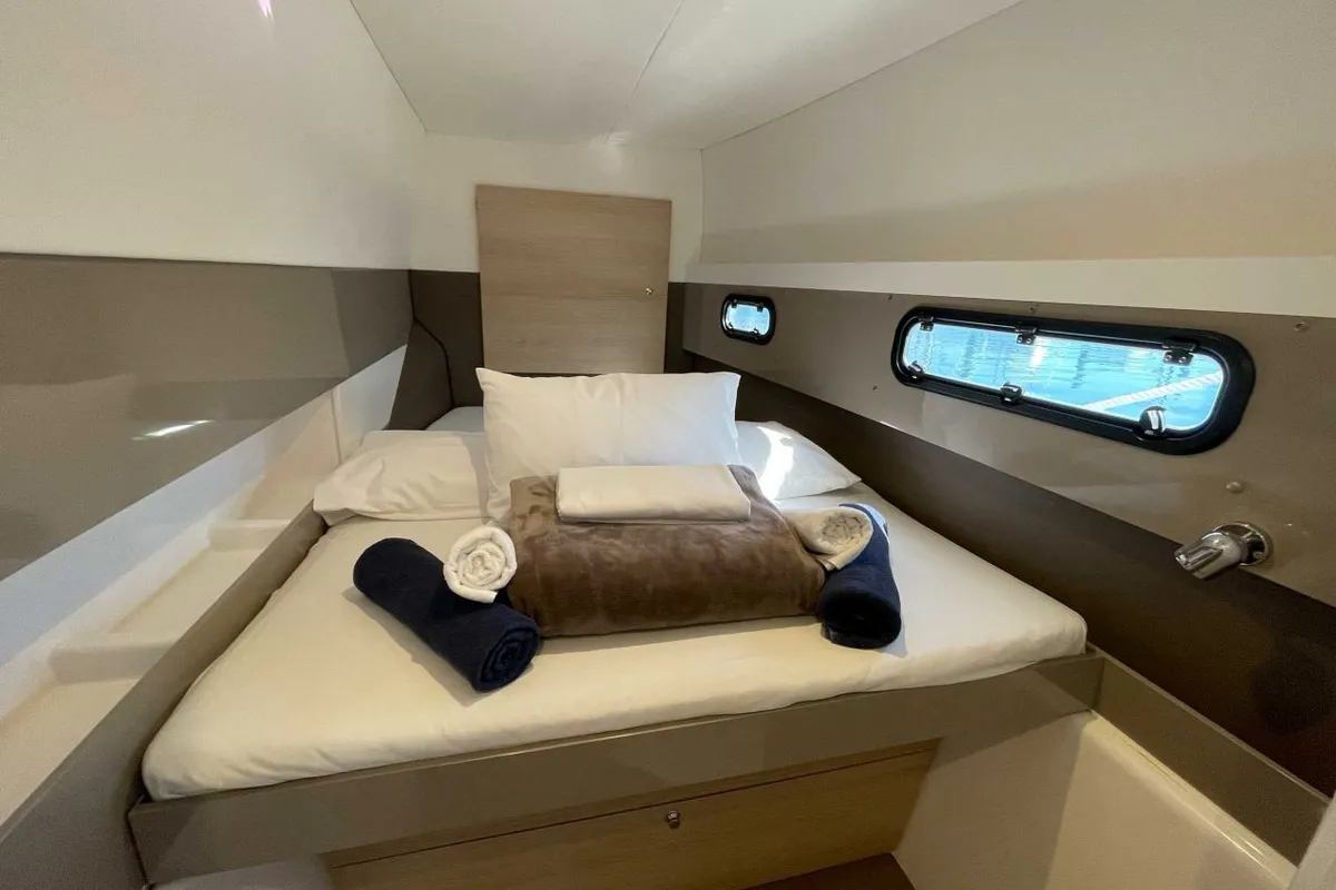 Cabin on NAMASTE_DB, a Bali 4.1 catamaran at Airlie Beach, Australia