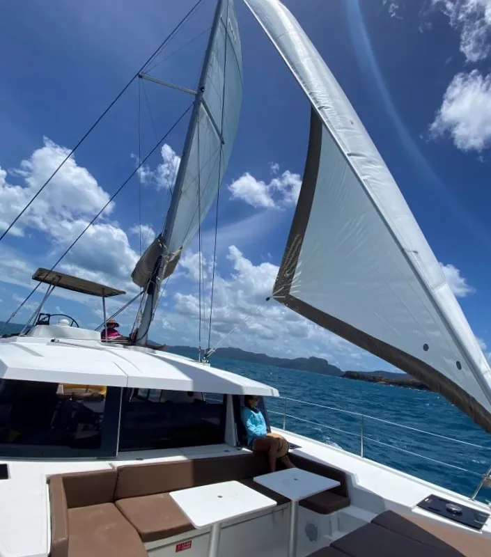 Deck of NAMASTE_DB, a Bali 4.1 catamaran at Airlie Beach, Australia