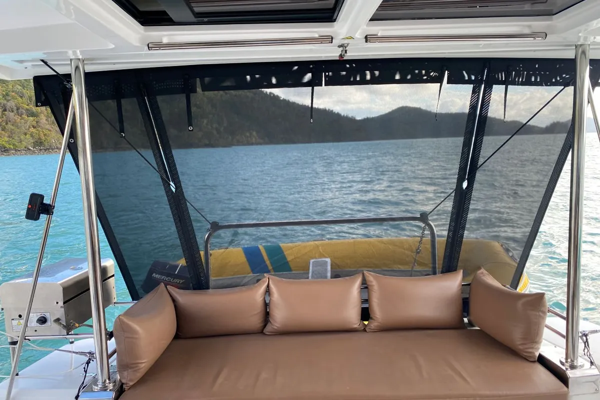 Deck of NAMASTE_DB, a Bali 4.1 catamaran at Airlie Beach, Australia