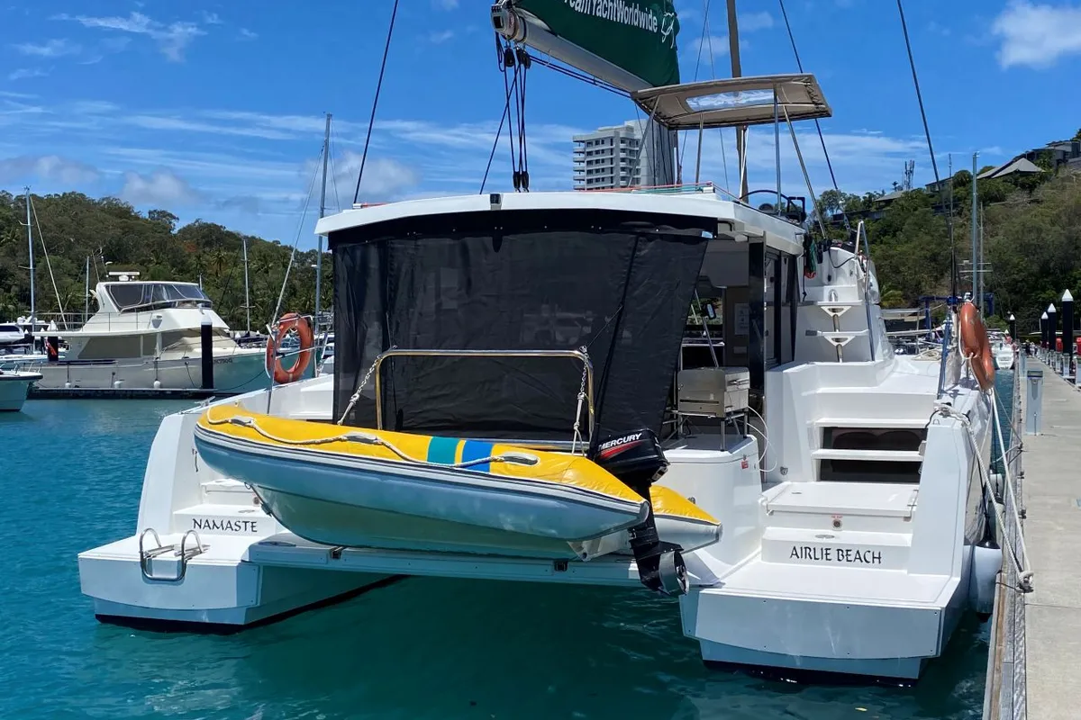 Exterior view of NAMASTE_DB, a Bali 4.1 catamaran at Airlie Beach, Australia