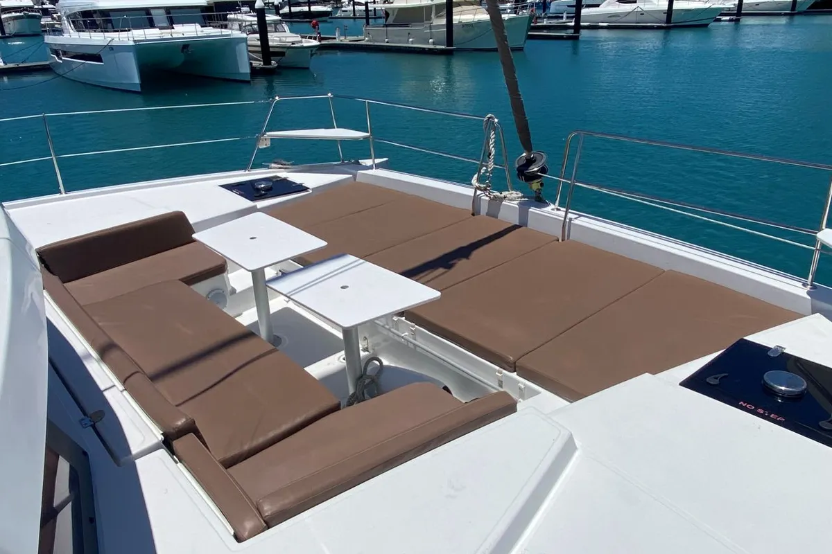 Deck of NAMASTE_DB, a Bali 4.1 catamaran at Airlie Beach, Australia