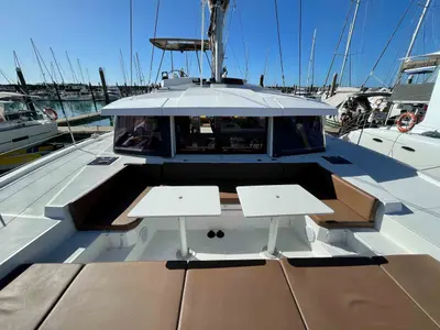 Deck of NAMASTE_DB, a Bali 4.1 catamaran at Airlie Beach, Australia