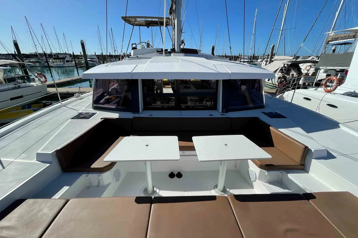 Deck of NAMASTE_DB, a Bali 4.1 catamaran at Airlie Beach, Australia