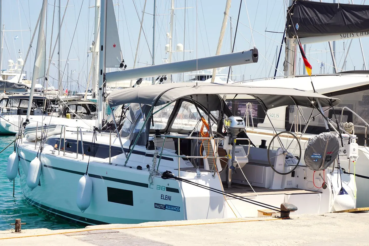 Exterior view of Eleni, a Bavaria C38 sailboat at Municipal Unit of Lefkada, Greece
