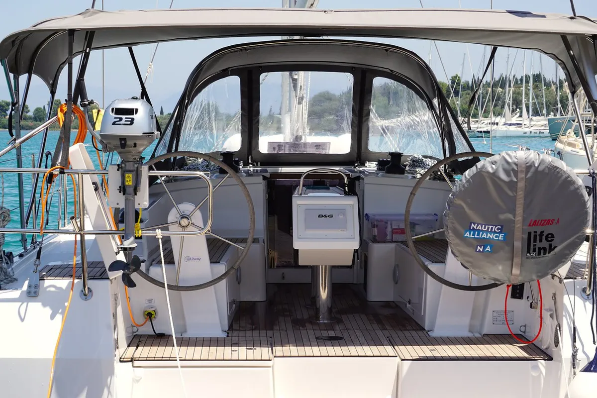 Cockpit of Eleni, a Bavaria C38 sailboat at Municipal Unit of Lefkada, Greece