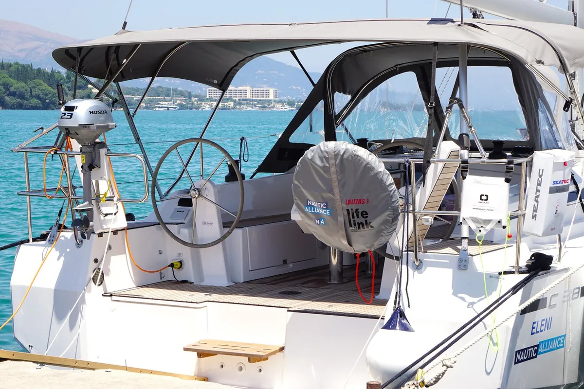 Cockpit of Eleni, a Bavaria C38 sailboat at Municipal Unit of Lefkada, Greece