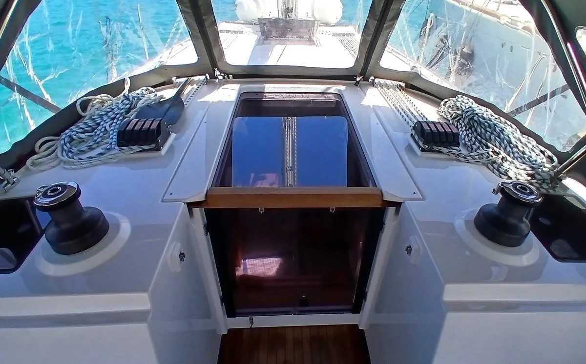 Cockpit of Eleni, a Bavaria C38 sailboat at Municipal Unit of Lefkada, Greece