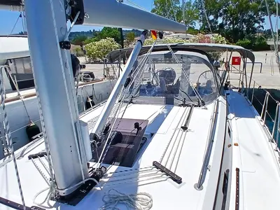 Deck of Eleni, a Bavaria C38 sailboat at Municipal Unit of Lefkada, Greece