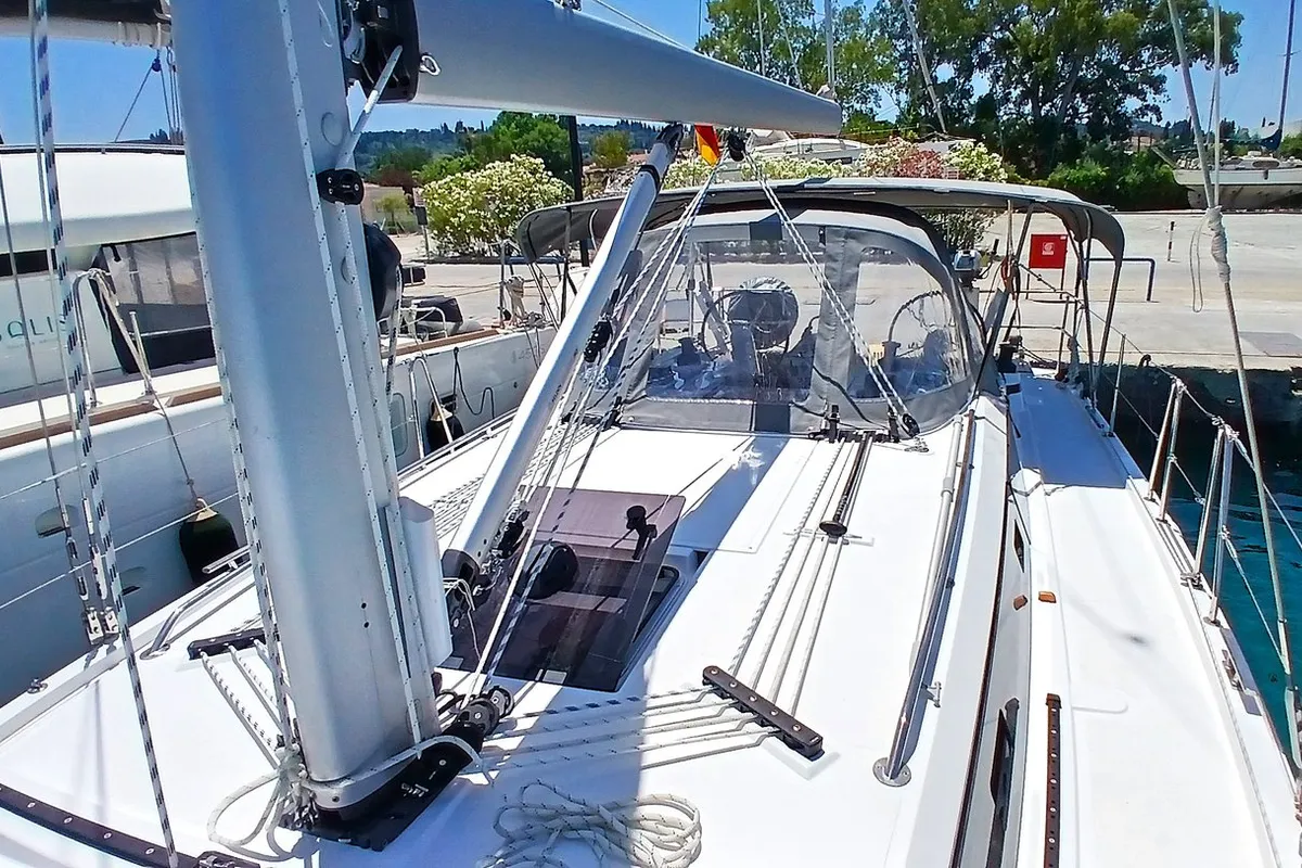 Deck of Eleni, a Bavaria C38 sailboat at Municipal Unit of Lefkada, Greece