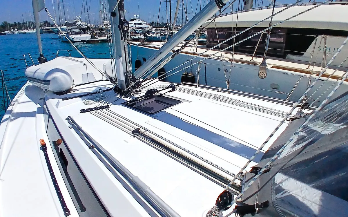 Deck of Eleni, a Bavaria C38 sailboat at Municipal Unit of Lefkada, Greece