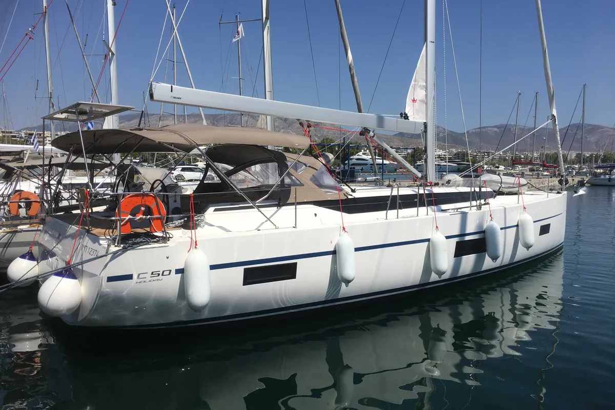 Exterior view of Lady Flora 3, a Bavaria C50 sailboat at Ellomenos, Greece