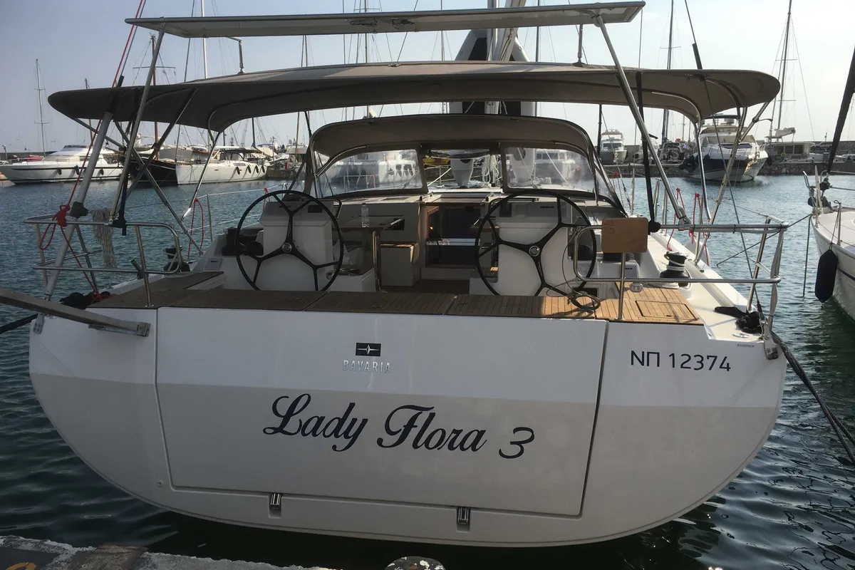 Cockpit of Lady Flora 3, a Bavaria C50 sailboat at Ellomenos, Greece