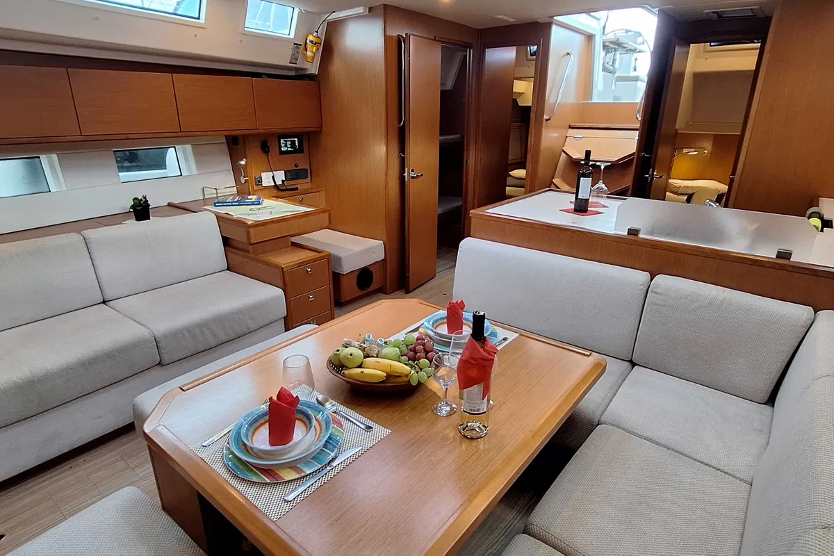 Salon of Lady Flora 3, a Bavaria C50 sailboat at Ellomenos, Greece