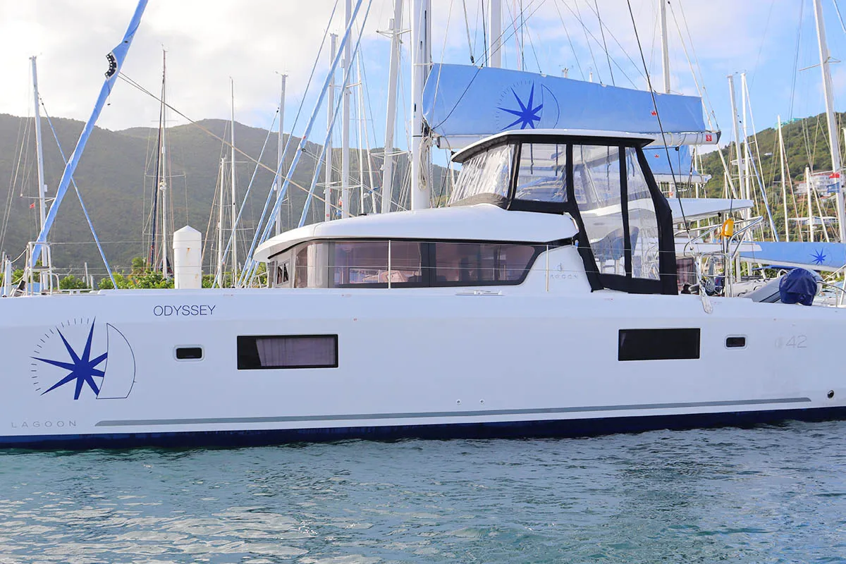 Exterior view of Odyssey_X, a Lagoon 42 catamaran at Road Town, British Virgin Islands