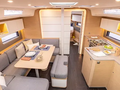 Salon of Ifigenia, a Dufour 41 sailboat at Palermo, Italy