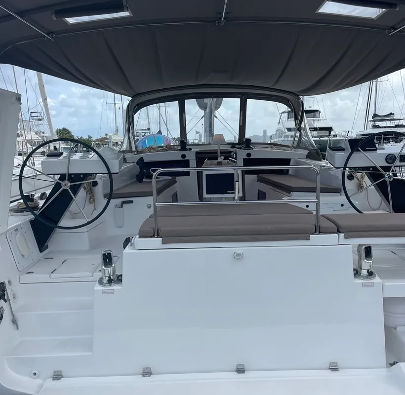 Cockpit of Knot Online, a Dufour 470 sailboat at Road Town, British Virgin Islands