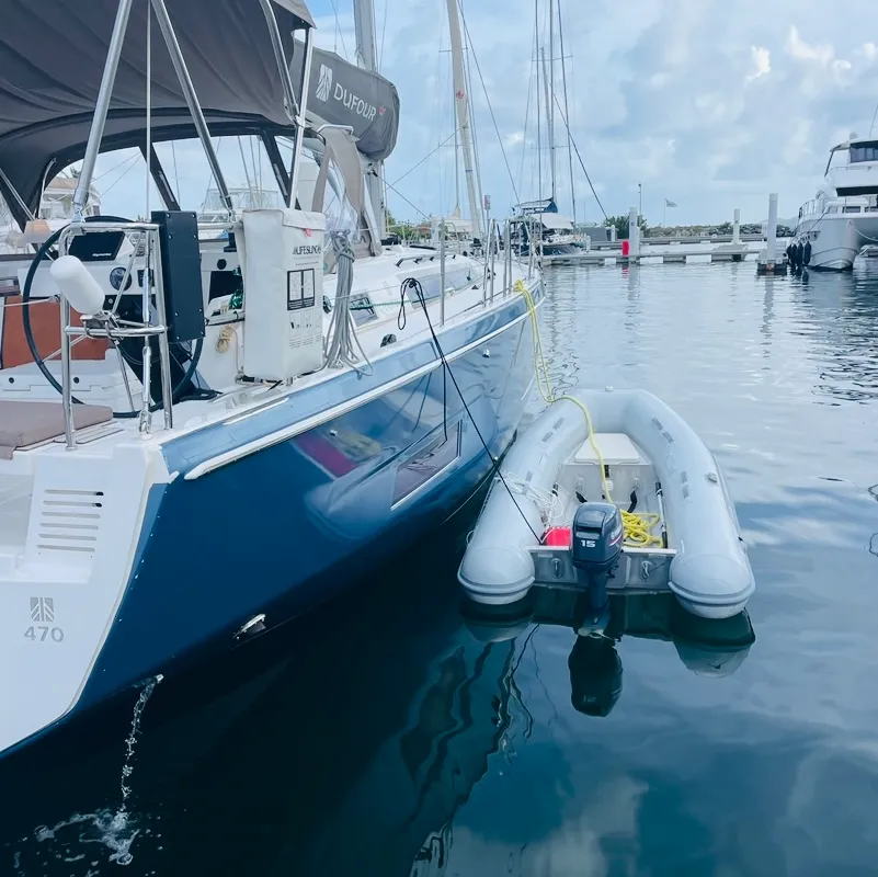 Exterior view of Knot Online, a Dufour 470 sailboat at Road Town, British Virgin Islands