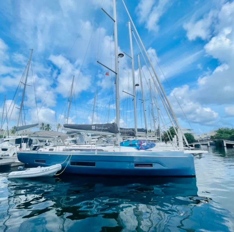 Exterior view of Knot Online, a Dufour 470 sailboat at Road Town, British Virgin Islands