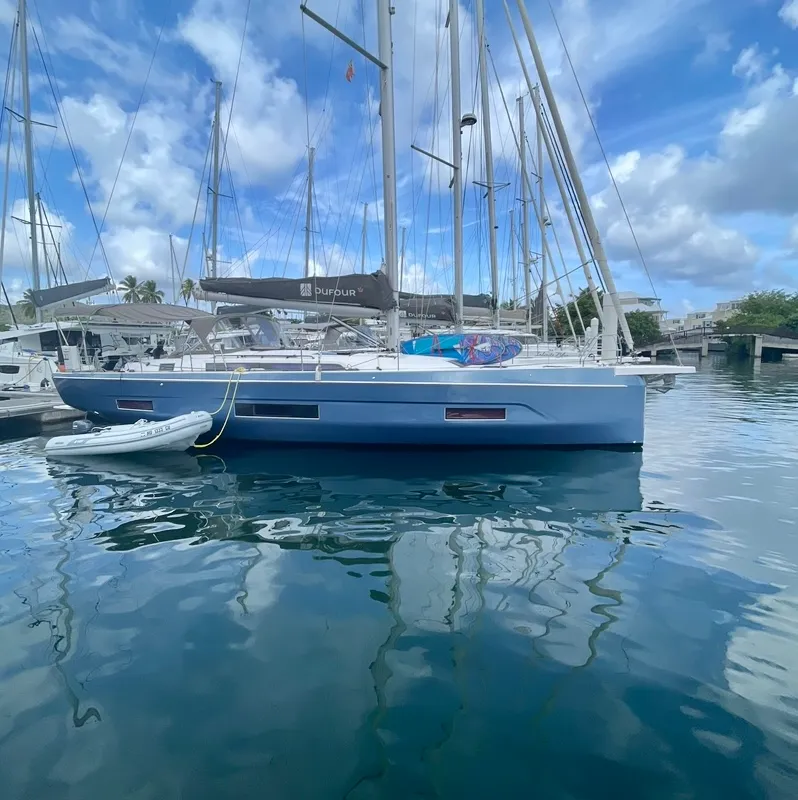 Exterior view of Knot Online, a Dufour 470 sailboat at Road Town, British Virgin Islands