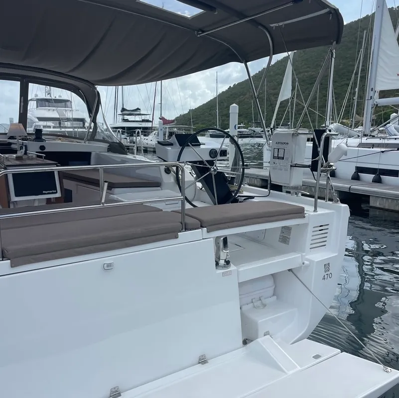 Cockpit of Knot Online, a Dufour 470 sailboat at Road Town, British Virgin Islands