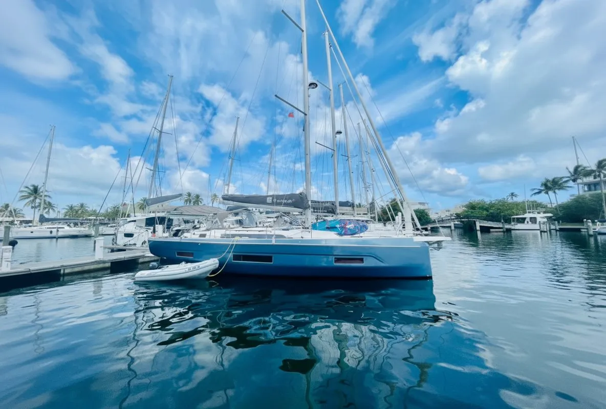 Exterior view of Knot Online, a Dufour 470 sailboat at Road Town, British Virgin Islands