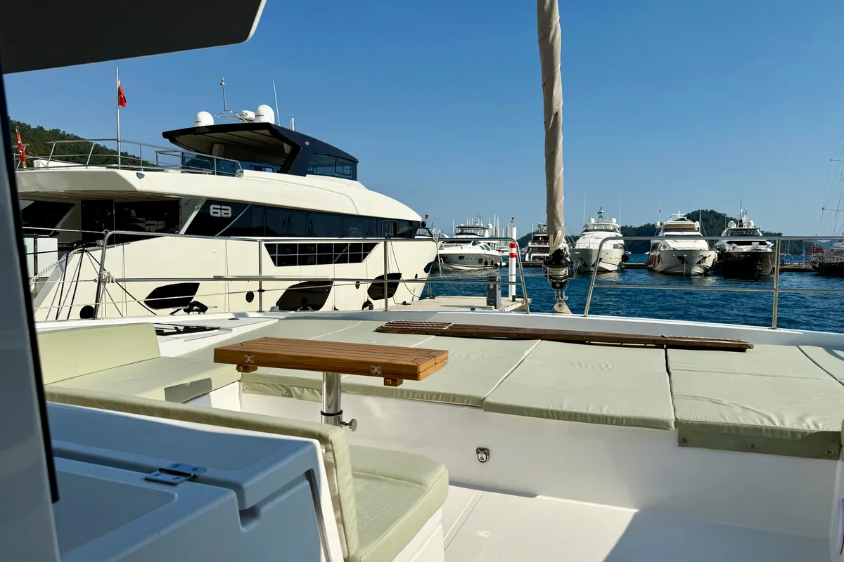 Deck of Amelia, a Bali 4.6 catamaran at Fethiye, Turkey