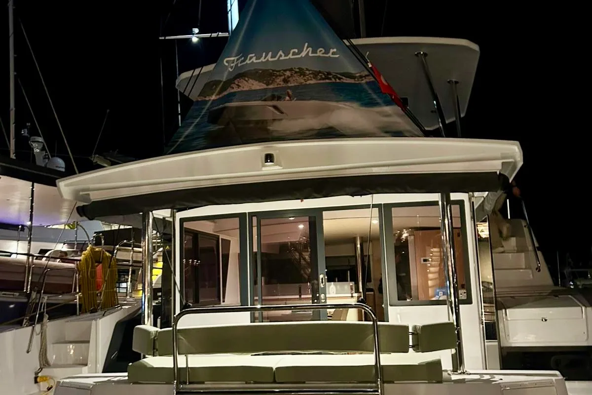Exterior view of Amelia, a Bali 4.6 catamaran at Fethiye, Turkey