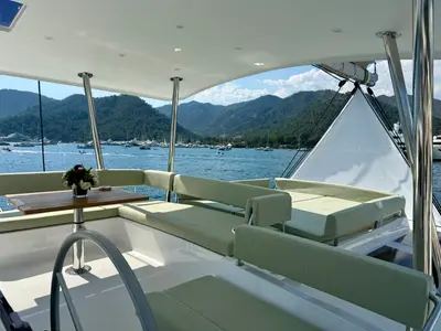 Cockpit of Amelia, a Bali 4.6 catamaran at Fethiye, Turkey