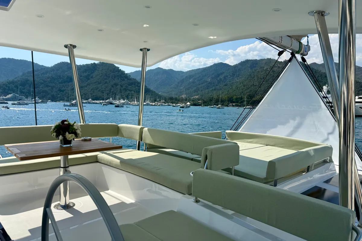 Cockpit of Amelia, a Bali 4.6 catamaran at Fethiye, Turkey