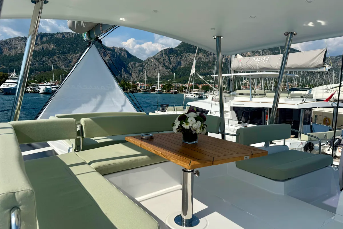 Deck of Amelia, a Bali 4.6 catamaran at Fethiye, Turkey
