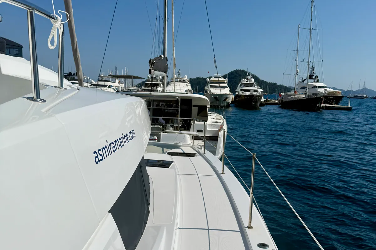 Deck of Amelia, a Bali 4.6 catamaran at Fethiye, Turkey