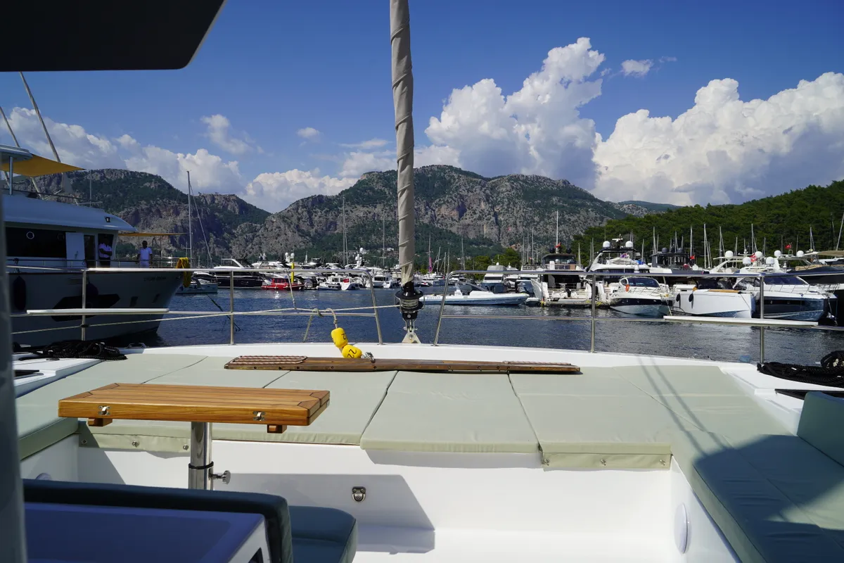 Deck of Amelia, a Bali 4.6 catamaran at Fethiye, Turkey