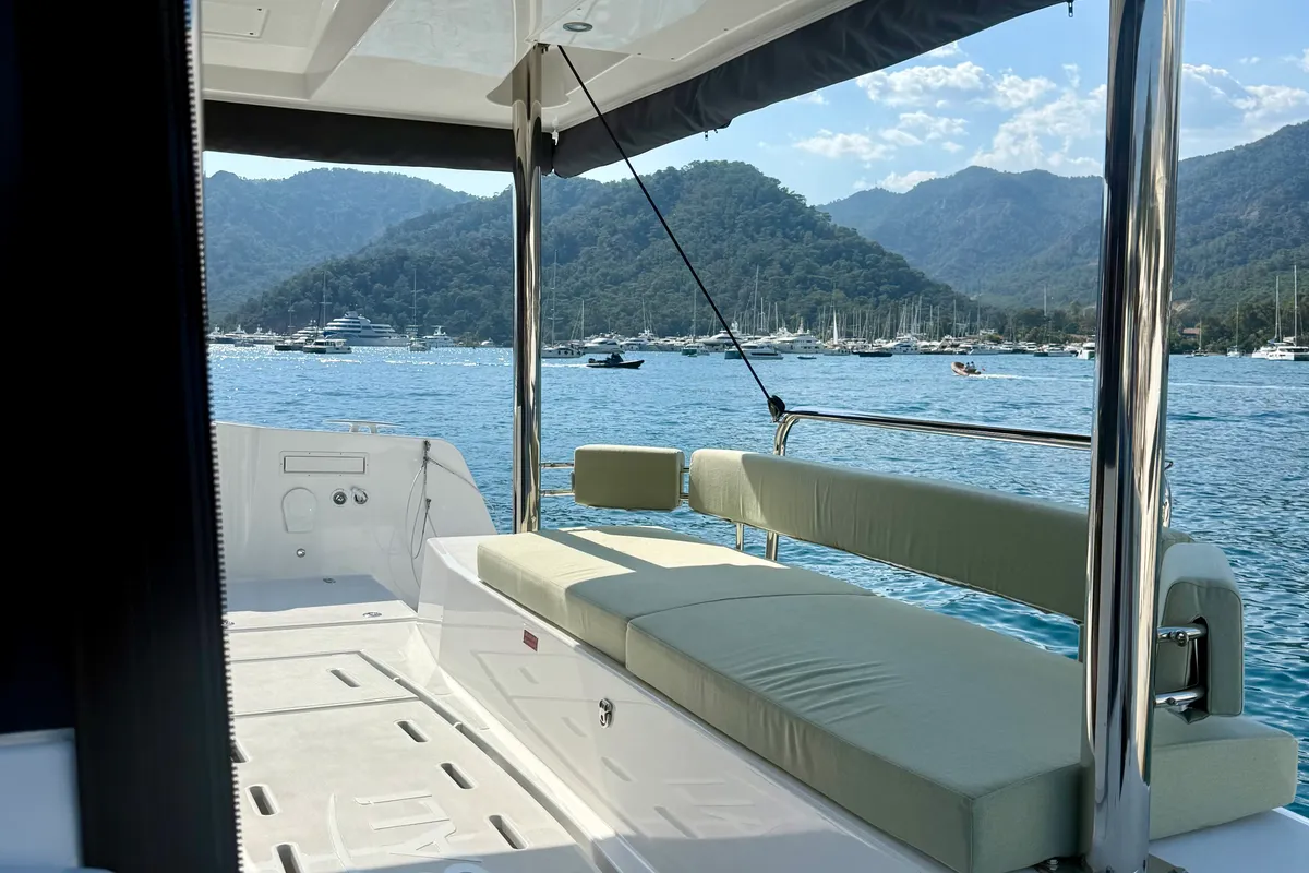 Deck of Amelia, a Bali 4.6 catamaran at Fethiye, Turkey