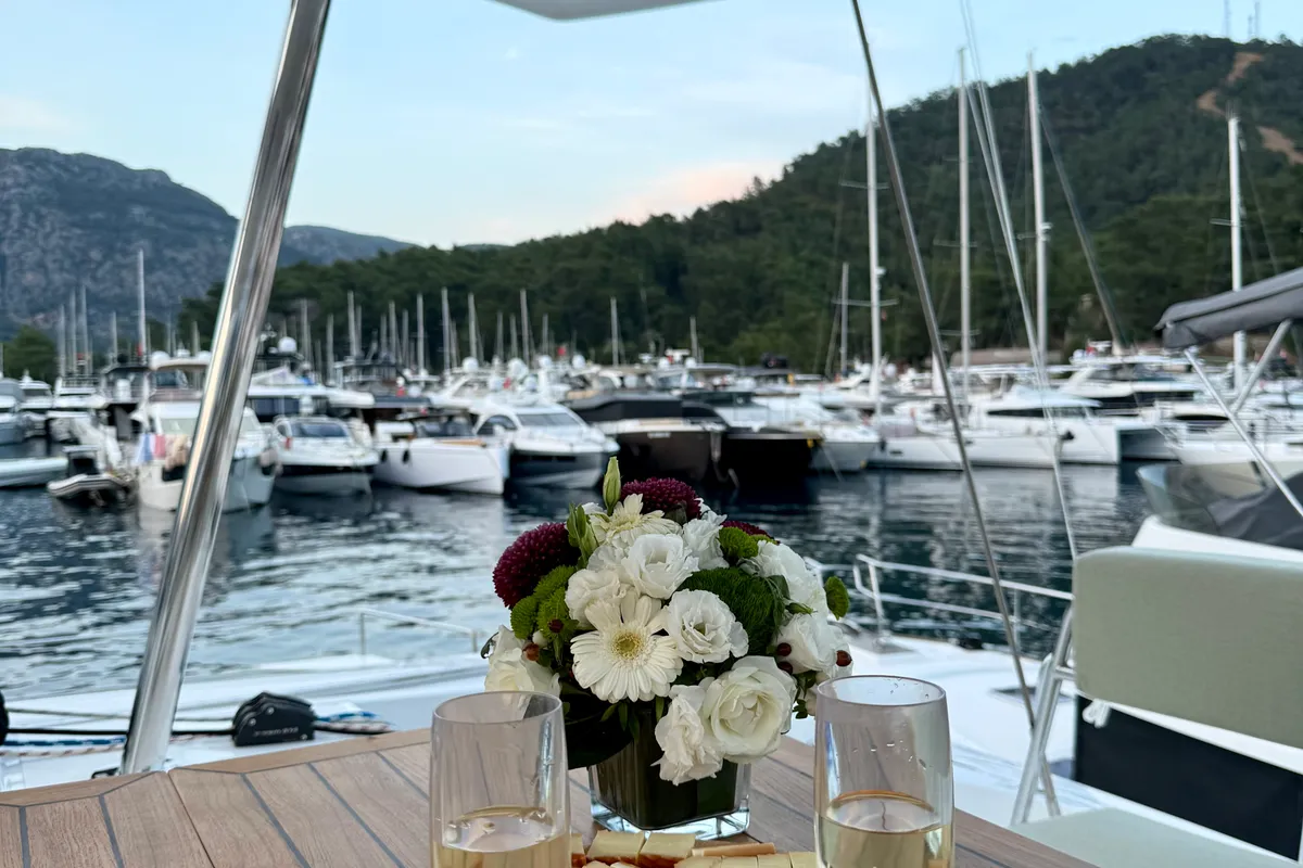 Deck of Amelia, a Bali 4.6 catamaran at Fethiye, Turkey