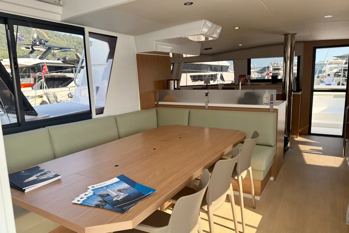 Salon of Amelia, a Bali 4.6 catamaran at Fethiye, Turkey