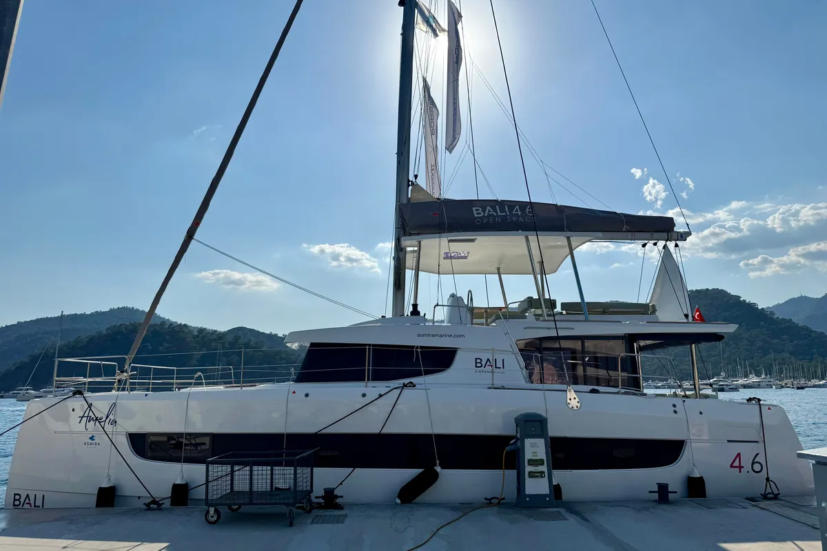 Exterior view of Amelia, a Bali 4.6 catamaran at Fethiye, Turkey