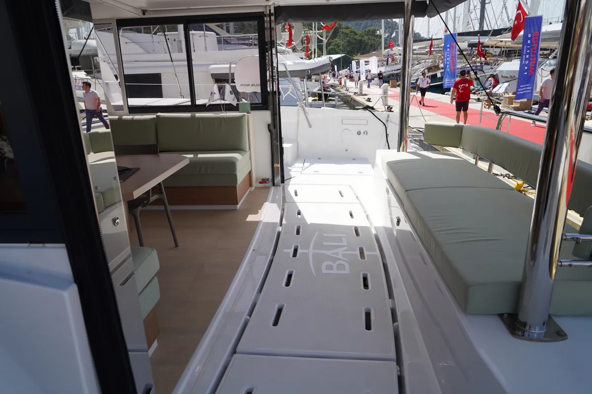 Deck of Amelia, a Bali 4.6 catamaran at Fethiye, Turkey
